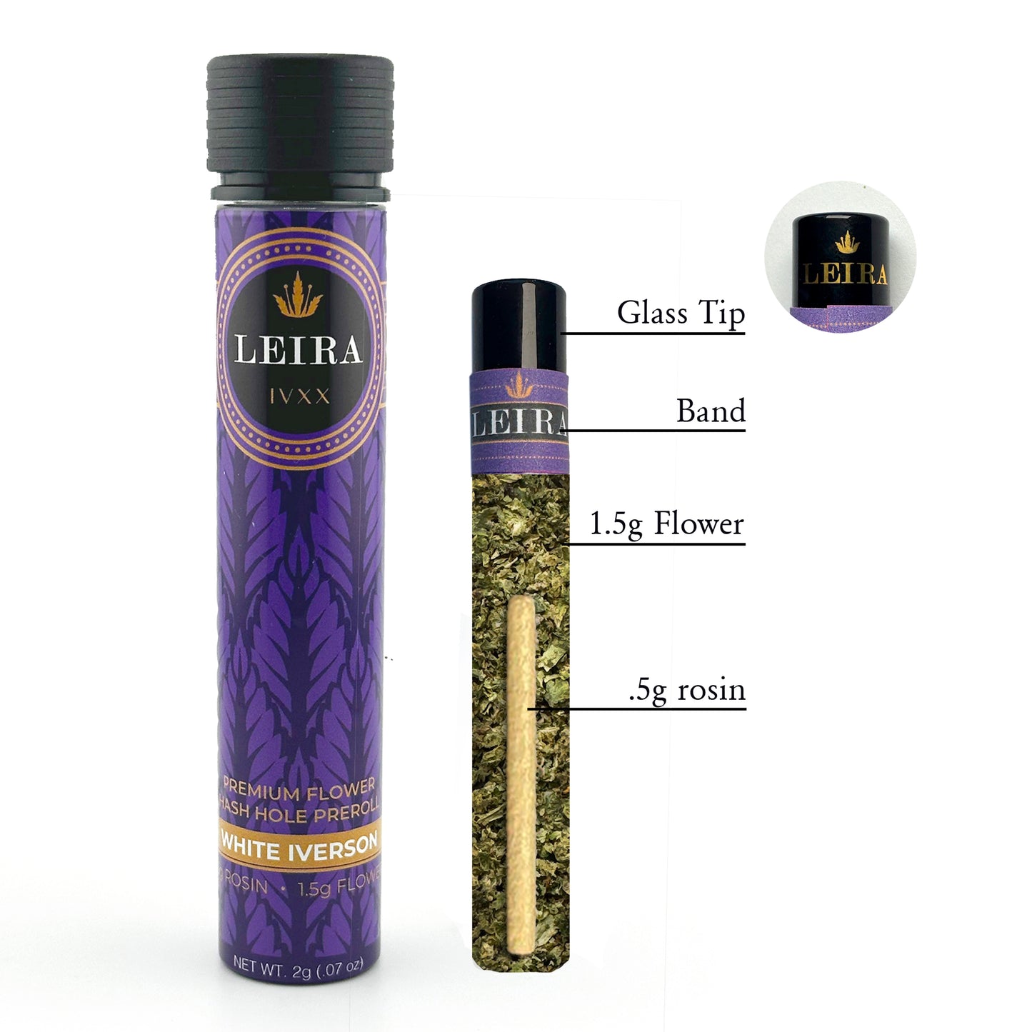 Leira 1.5 grams organic flower and 0.5 gram of hash rosin with glass tip