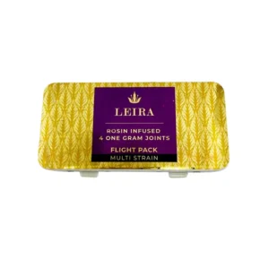 Yellow pattern box with label containing rosin infused pre-rolls. Packaged as a Flight Pack.