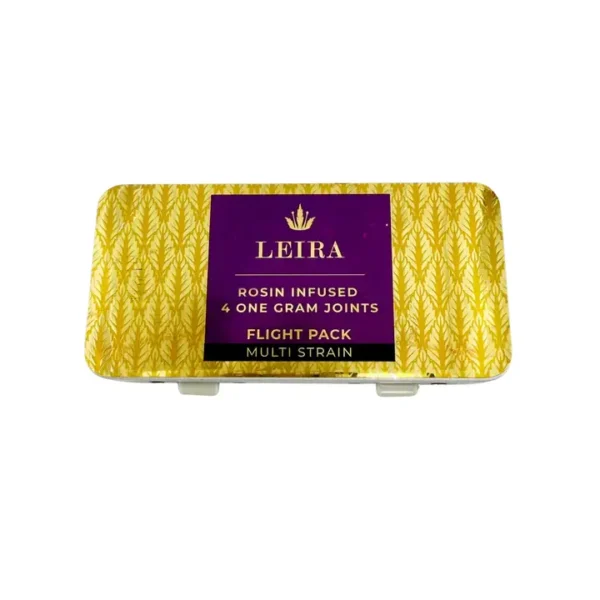 leira-thca-rosin-infused-preroll-flight-pack-2 Yellow pattern box with label containing rosin infused pre-rolls. Packaged as a Flight Pack.