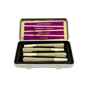 Open yellow pattern box with inner label containing rosin infused pre-rolls. Packaged as a Flight Pack.