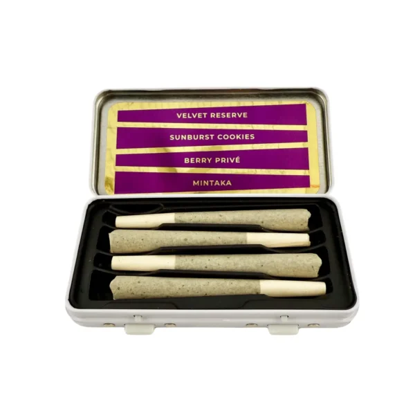 Rosin infused preroll flight pack Open yellow pattern box with inner label containing rosin infused pre-rolls. Packaged as a Flight Pack.