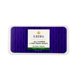 Purple pattern box with label containing premium pre-rolls. Packaged as a Flight Pack.