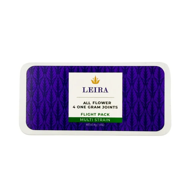 thcaleirafullflowerprerollflightpack2 copy Purple pattern box with label containing premium pre-rolls. Packaged as a Flight Pack.