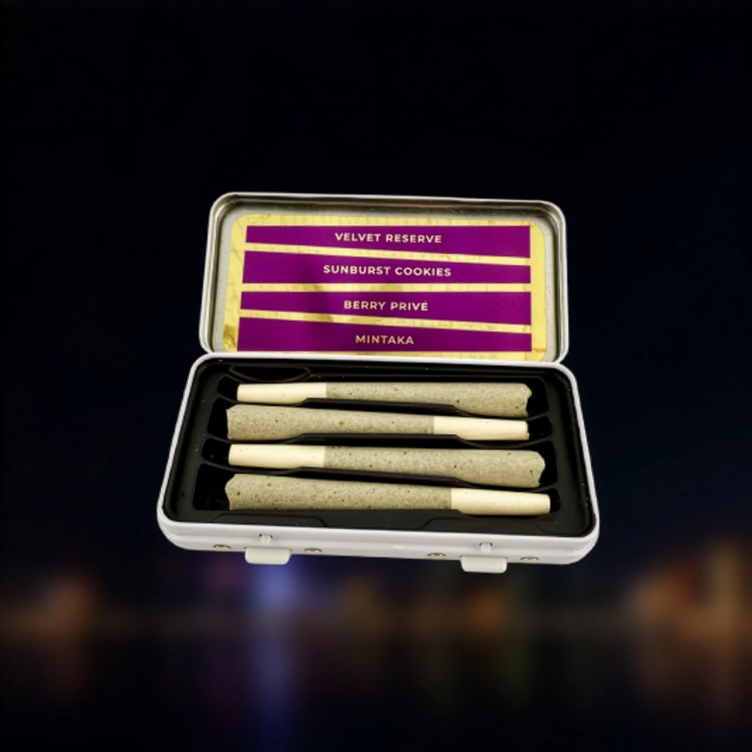 Rosin infused flight pack of pre rolls over cityscape background