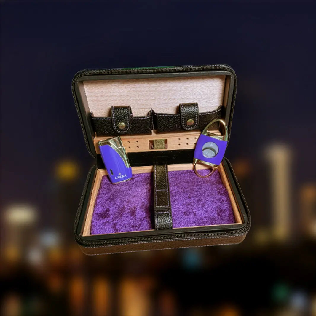 Weed Accessory Travel Kit with cigar cutter and cigar lighter pictured over cityscape. 