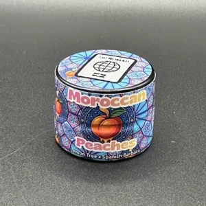 Moroccan Peaches hash rosin container, from front
