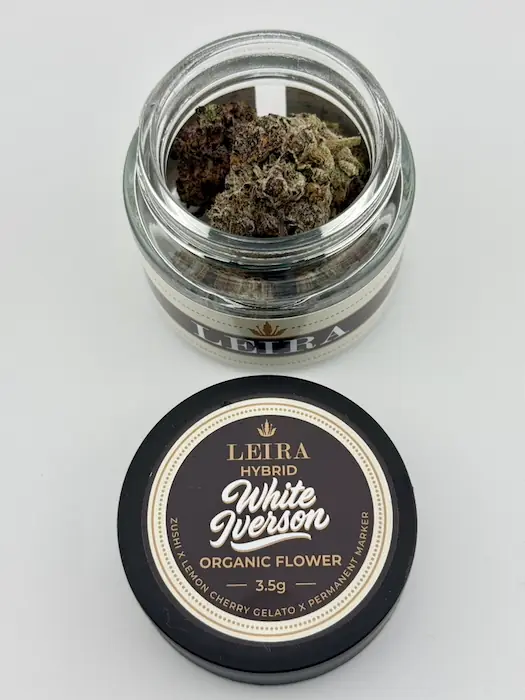 White Iverson Organic THCA Flower - front White Iverson Organic THCA Flower Jar (3.5g) - open